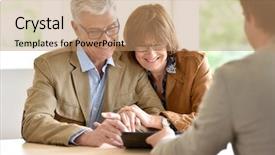  Presentation with senior couple - Theme enhanced with advising - senior couple meeting financial adviser background and a coral colored foreground