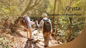  Presentation with mountain hiking - Beautiful PPT theme featuring mie - senior couple on a hiking backdrop and a gold colored foreground