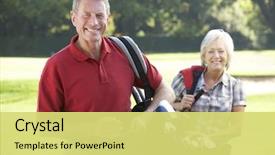  Presentation with active seniors senior couple - Presentation consisting of senior couple on golf course background and a yellow colored foreground
