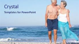  Presentation with holiday - Slides enhanced with senior couple on holiday walking along sandy beach background and a sky blue colored foreground