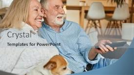  Presentation with remote - Presentation design featuring senior-couple-on-the-sofa background and a light blue colored foreground