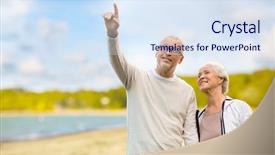  Presentation with happy retirement - Presentation with senior couple over beach background background and a  colored foreground
