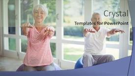  Presentation with senior fitness - Amazing PPT layouts having senior couple performing stretching exercise on fitness ball at home backdrop and a mint green colored foreground