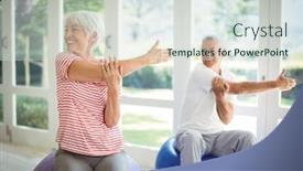  Presentation with senior fitness - Audience pleasing slide deck consisting of senior couple performing stretching exercise on fitness ball at home backdrop and a sky blue colored foreground