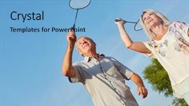  Presentation with senior couple - Slides featuring senior couple playing badminton togheter background and a light blue colored foreground