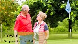  Presentation with golf player playing - Presentation design featuring senior couple playing golf standing background and a yellow colored foreground