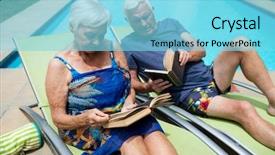  Presentation with lounge - PPT layouts with senior couple reading books on lounge chair at poolside background and a arctic colored foreground
