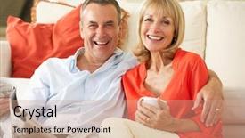  Presentation with senior couple - Presentation design with senior couple relaxing on sofa background and a coral colored foreground