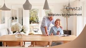  Presentation with senior couple - Presentation design with senior couple relaxing with magazine at home looking at mobile phone sitting at dining room table background and a lemonade colored foreground