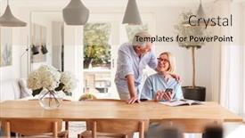  Presentation with dining table - Presentation theme featuring senior couple relaxing with magazine at home looking at mobile phone sitting at dining room table background and a lemonade colored foreground