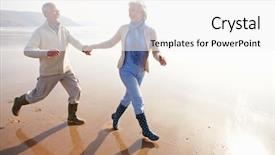  Presentation with active seniors senior couple - Presentation theme having fun retirement - senior couple running along winter background and a white colored foreground