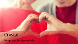  Presentation with old people - Colorful PPT theme enhanced with senior couple showing hand heart backdrop and a red colored foreground