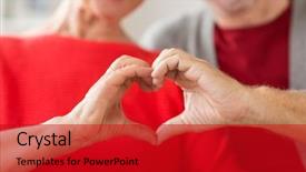  Presentation with old people - Amazing PPT theme having senior couple showing hand heart backdrop and a crimson colored foreground