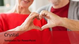  Presentation with old people - Colorful slide deck enhanced with senior couple showing hand heart backdrop and a crimson colored foreground