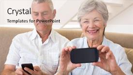  Presentation with senior living - PPT layouts featuring senior couple sitting on couch using their smartphones at home in living room background and a soft green colored foreground