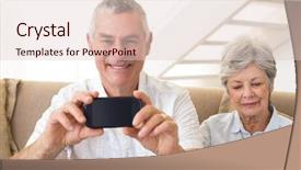  Presentation with senior living - Colorful presentation theme enhanced with senior couple sitting on couch using their smartphones at home in living room backdrop and a lemonade colored foreground