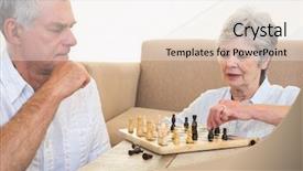  Presentation with senior living - Audience pleasing slide deck consisting of senior couple sitting on floor playing chess at home in living room backdrop and a sky blue colored foreground