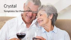  Presentation with senior living - Audience pleasing presentation theme consisting of senior couple sitting on sofa having glasses of red wine at home in living room backdrop and a lemonade colored foreground