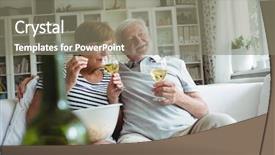  Presentation with senior living - Beautiful slides featuring senior couple sitting on sofa and having glasses of wine in living room backdrop and a gray colored foreground