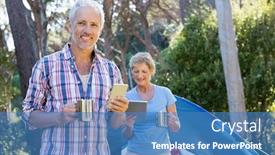  Presentation with tent - Slides with senior couple standing beside their tent in a forest background and a teal colored foreground