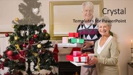  Presentation with senior living - Amazing PPT theme having senior-couple-swapping-gifts backdrop and a coral colored foreground