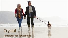  Presentation with senior couple - Slides enhanced with winter beach with pet dog background and a soft green colored foreground
