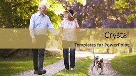  Presentation with pet - Colorful PPT layouts enhanced with eighties - senior couple walking with pet backdrop and a coral colored foreground