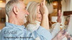  Presentation with video conferencing - PPT theme with senior-couple-waving-happily background and a light blue colored foreground