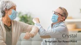  Presentation with face masks - Presentation theme featuring senior-couple-wearing-face-masks background and a mint green colored foreground