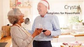  Presentation with antlers - Presentation design with senior couple wearing fancy dress antlers making a toast whilst preparing dinner on christmas day background and a lemonade colored foreground