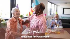  Presentation with birthday party - Slide deck featuring senior couple wearing party hats background and a tawny brown colored foreground