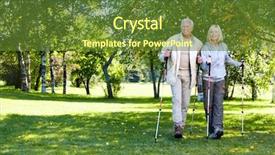  Presentation with backpacks - Slide deck enhanced with walking discovery - senior couple with backpacks background and a tawny brown colored foreground