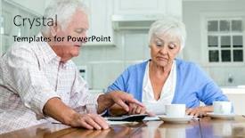  Presentation with home documents - Presentation having senior couple with documents while sitting at table in home background and a lemonade colored foreground