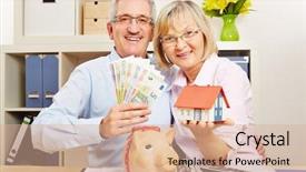  Presentation with senior couple - Presentation theme having comparison banks - happy senior couple with euro background and a coral colored foreground