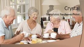  Presentation with afternoon tea - Colorful presentation design enhanced with senior couples enjoying afternoon tea backdrop and a mint green colored foreground