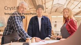  Presentation with workshop - Presentation design having senior-craftsmen-as-trainers background and a coral colored foreground