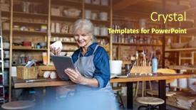  Presentation with art - PPT theme having senior-craftswoman-with-tablet-computer background and a tawny brown colored foreground