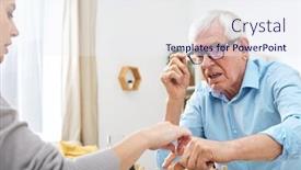  Presentation with social worker - Colorful presentation theme enhanced with senior-disable-man-in-eyeglasses backdrop and a sky blue colored foreground