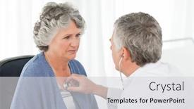  Presentation with examination - Slide set having senior doctor doing an examination of his patient in his office background and a light gray colored foreground