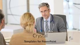  Presentation with patients - PPT theme consisting of senior doctor listening to patients in office background and a coral colored foreground