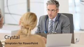  Presentation with patients - Slide deck with senior doctor listening to patients background and a coral colored foreground