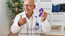  Presentation with purple - PPT theme with senior-doctor-man-holding-purple background and a coral colored foreground