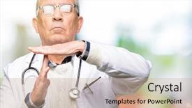  Presentation with medical robot hand and doctor - Colorful presentation design enhanced with senior doctor man wearing medical backdrop and a  colored foreground