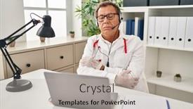  Presentation with working - Theme consisting of senior-doctor-man-working background and a light gray colored foreground