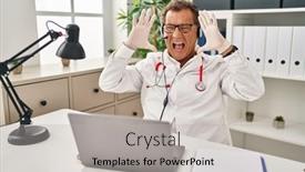  Presentation with working - Presentation theme having senior-doctor-man-working background and a light gray colored foreground