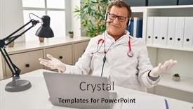  Presentation with working - Slide deck with senior-doctor-man-working background and a light gray colored foreground