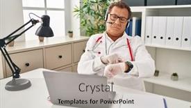  Presentation with working - Slide deck having senior-doctor-man-working background and a light gray colored foreground