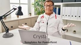  Presentation with working - Presentation design consisting of senior-doctor-man-working background and a light gray colored foreground