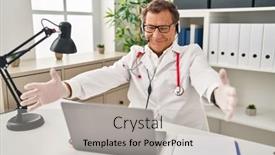  Presentation with working - Presentation enhanced with senior-doctor-man-working background and a light gray colored foreground