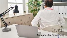  Presentation with working - Theme having senior-doctor-man-working background and a light gray colored foreground